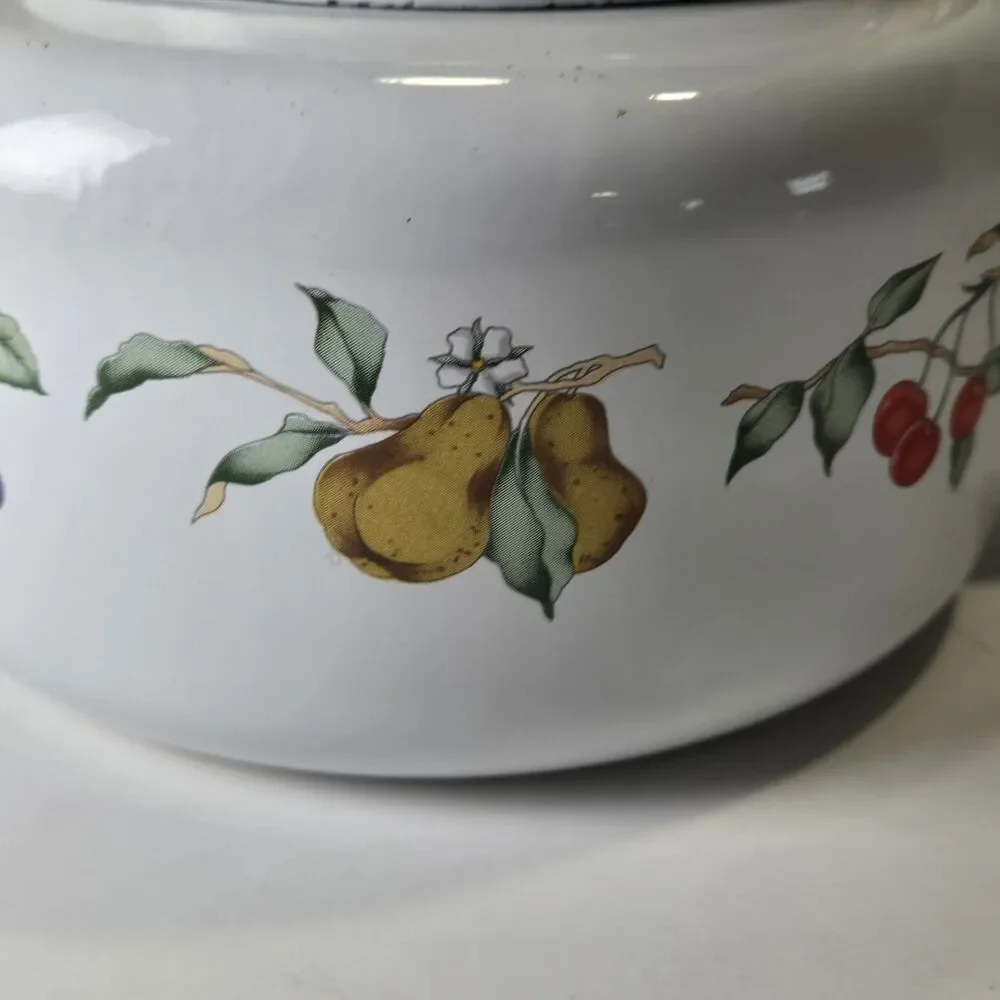 Vtg Tabletops Unlimited DULCIE Enamel Tea Kettle Fruit Pattern Wood Handle 2.3qt